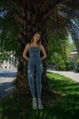 Toparlayıcı Yüksek Bel Uzun Mavi Tayt